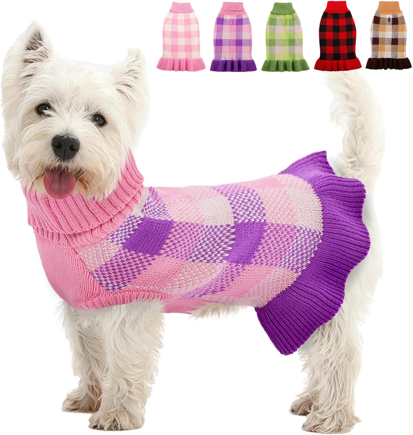 Dog Sweater Dress Plaid Knitwear for Small Medium Dogs Warm Puppy Pet Turtleneck Stretch Pullover Cute Fall Winter Vest Clothes with Leash Hole for Christmas (Pink, M)