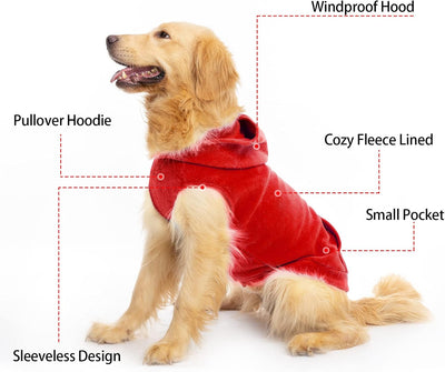 EXPAWLORER Dog Hoodie with Pocket, Polar Fleece Dog Sweatshirt Fall Cold Winter Sleeveless Sweater with Hood, Warm Cozy Pet Clothes for Small to Large Dogs Boys and Girls (Red, XXL)
