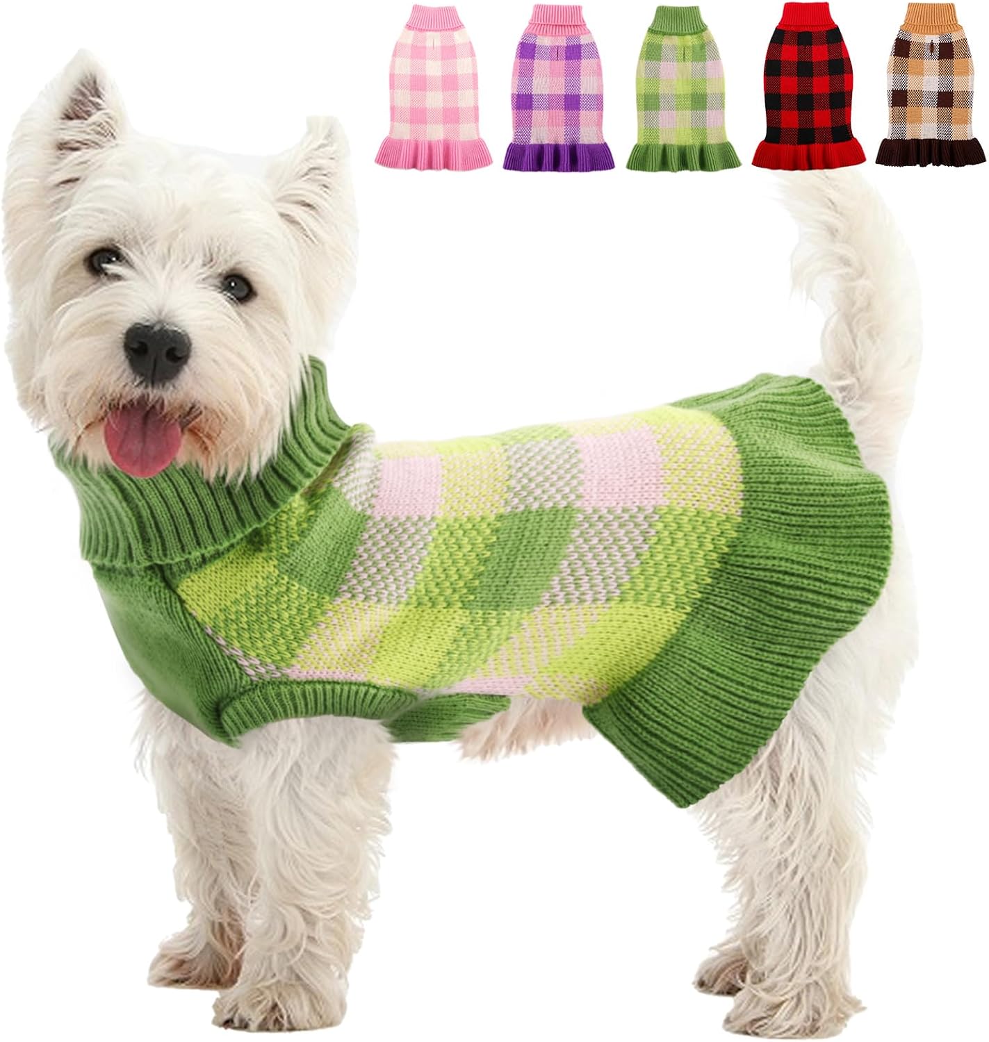 Dog Sweater Dress Plaid Knitwear for Small Medium Dogs Warm Puppy Pet Turtleneck Stretch Pullover Cute Fall Winter Vest Clothes with Leash Hole for Christmas (Pink, M)