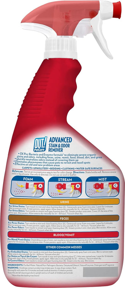 OUT! PetCare Stain and Odor Remover Spray for Pets – Enzyme Cleaner for Carpet, Rugs, and Floors – Dog and Cat Urine Eliminator and Deodorizer – Made in USA – 32 fl oz Bottles, 2 Pack