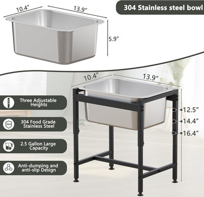 Piskyet 2.5 Gallon Elevated Dog Water Bowl for Large Breeds, 14.2" Adjustable Raised Stainless Steel with Full Metal Stand for Relief Joint Pressure, Tip-Proof, Easy to Clean