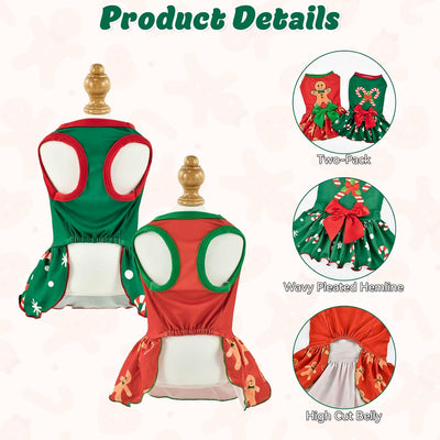 Vehomy 2-Pack Christmas Day Dog Cat Dress Christmas Dog Dresses with Bow Xmas Pet Bowknot Skirt Outfit Costume for Puppies Cats Small & Medium Dogs M