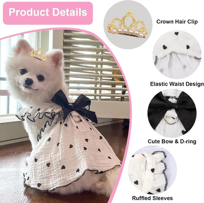 Dog Dresses for Small Dogs Girl, Puppy Dress Heart Print Cat Dress Summer Clothes Bow Skirt with Crown Hair Clip, Small Dog Dresses Female Cat Apparel Holiday Pet Outfit for Birthday Wedding