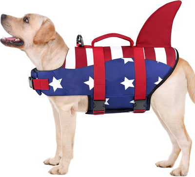 Malier Dog Life Jacket, Ripstop American Flag Dog Life Vest for Swimming Boating, Shark Puppy Lifesaver with High Buoyancy Swimsuit for Small Medium and Large Dogs (X-Large)