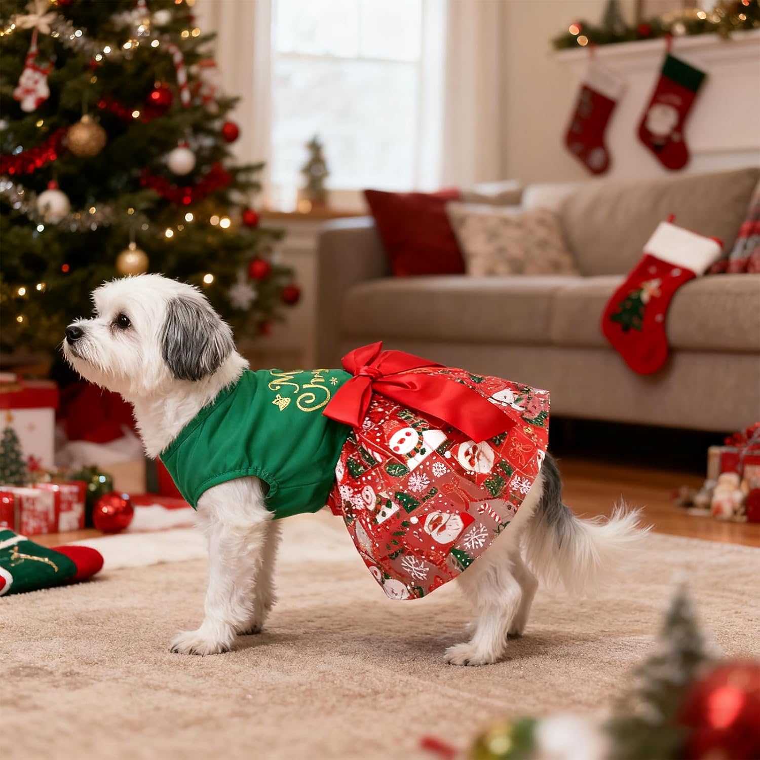 Dog Christmas Outfit Sparkly Pet Holiday Tulle Dress Christmas Dog Dress Pet Dress with Bow Puppy Sundress for Small Dogs Cat Clothes (M)