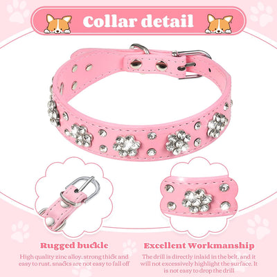 2 Pieces PU Leather Dog Collar Pink Rhinestone Pet Collar Flower Pattern Studded Dog Collar Adjustable Bling Puppy Collar PU Leather Crystal Pet Collars(S:11-13 Inch)