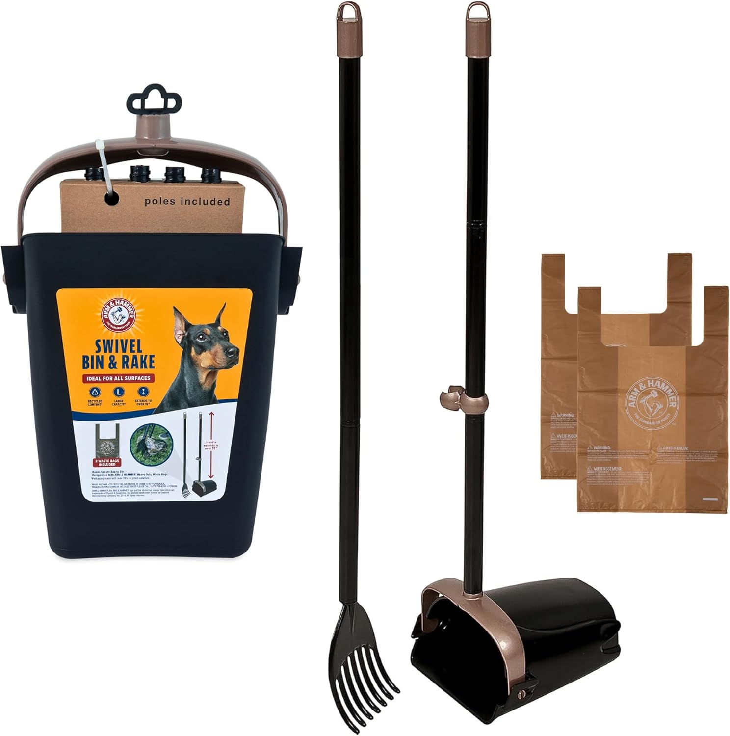 Arm & Hammer Pooper Scooper for Extra Large Dogs Heavy Duty, Outside Yard Dog Poop Scoop Pet Waste Clean Up with Bag Attachment - 2 Waste Bags Included