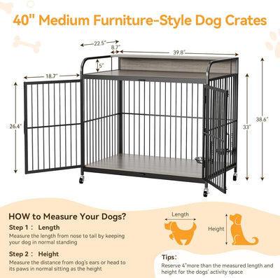 40 Inch Dog Crate Furniture with Storage -Medium Dog Cage with Double Door,Dog House Kennel Indoor with 2 360° Adjustable Raised Feeder,39.8"×22.5"×38.6",Grey