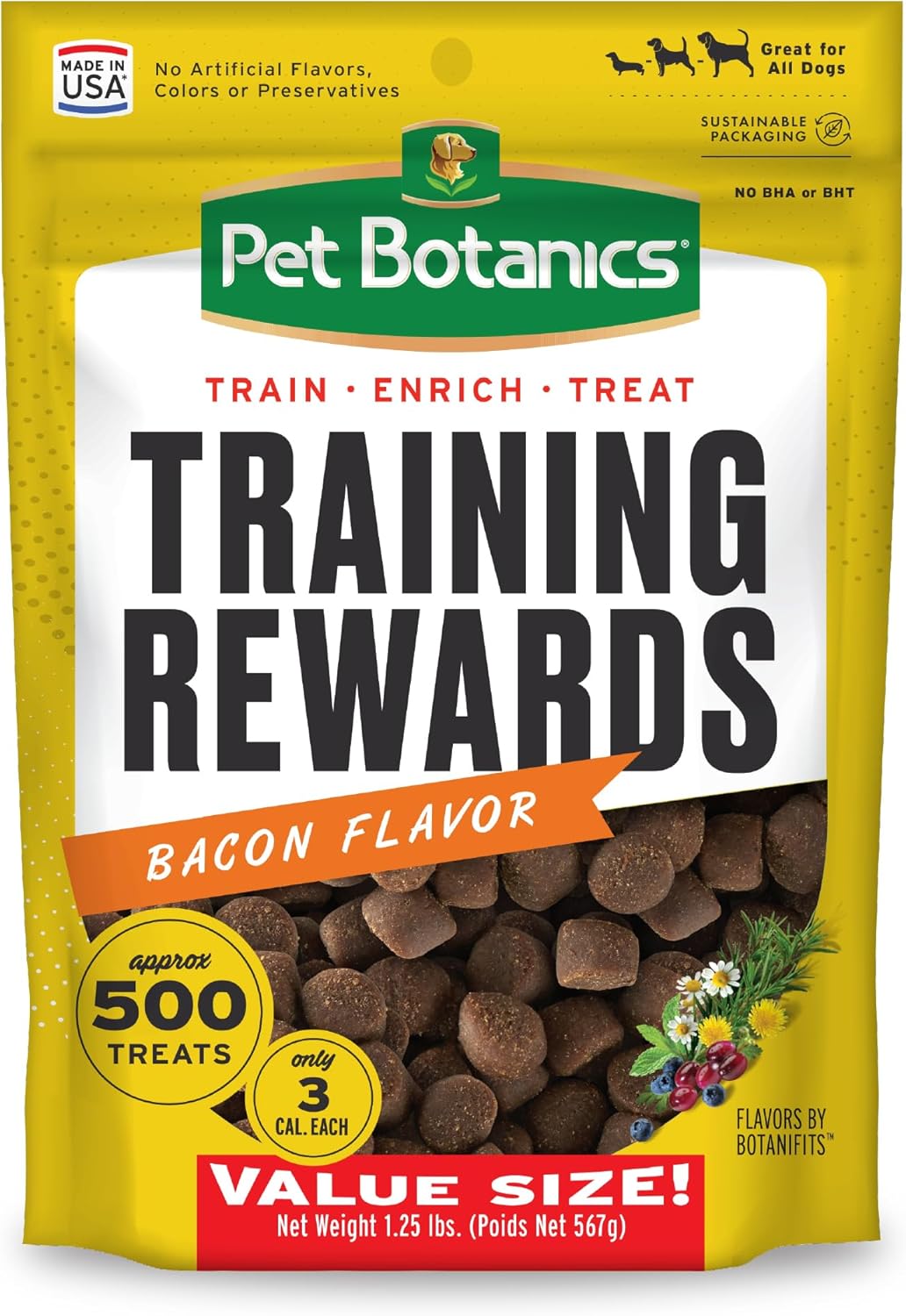 Pet Botanics 10 oz. Pouch Training Rewards Mini Soft & Chewy, Bacon Flavor, with 500 Treats Per Bag, The Choice of Top Trainers