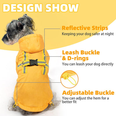 PUPTECK Dog Raincoat with Hood & Harness Built-in for Small Medium Dogs, Waterproof Dog Rain Jacket Slicker Poncho Reflective Dog Vest Clothes for Rainy Snowy Winter Cold Days, Yellow, S