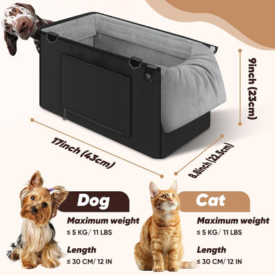 QUMY Portable Center Console Dog Booster Seat for Small Dogs Up to 11lbs, Multi-purpose Puppy Car Seat with Adjustable Safety Belt, Travel Pet Carrier, Black