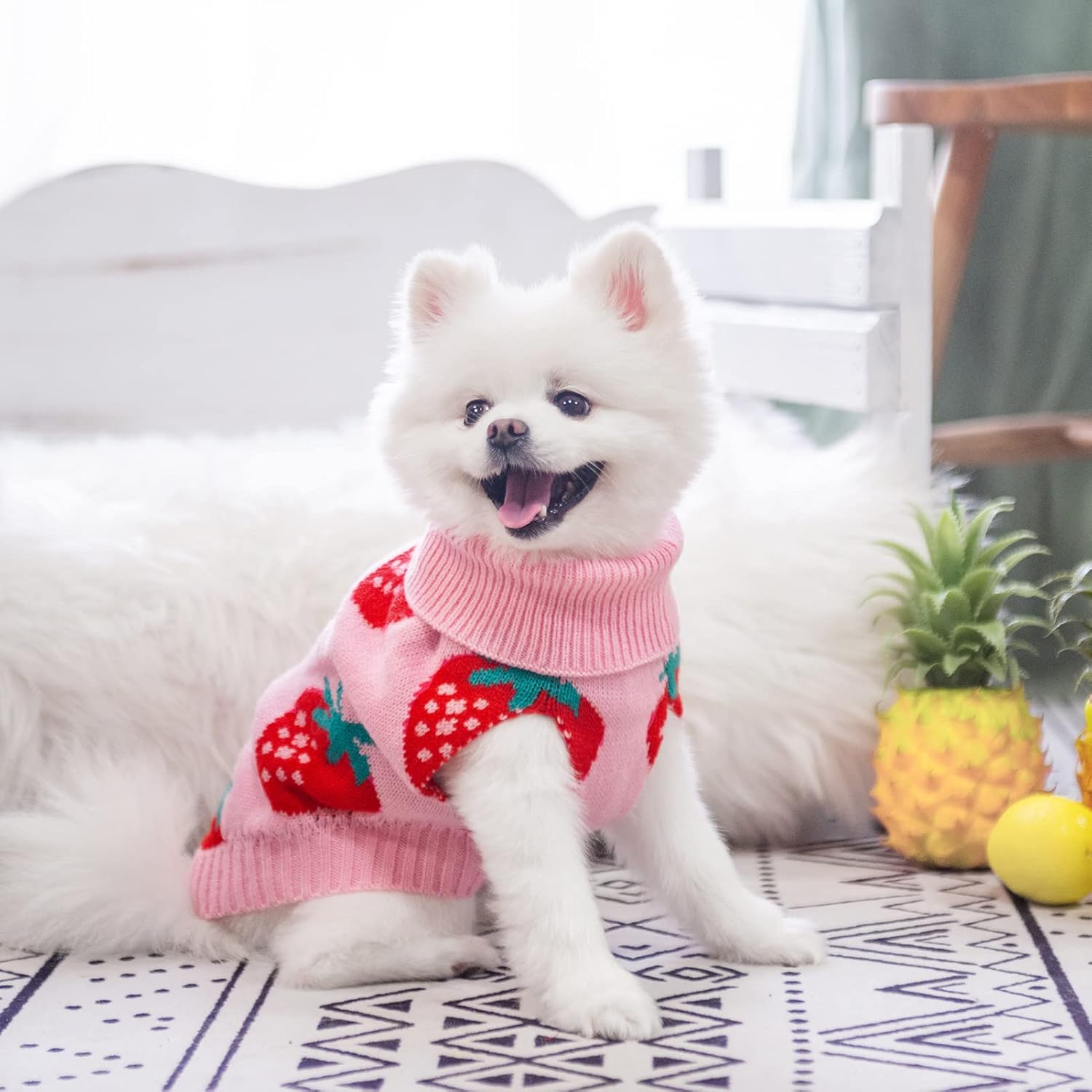 Dog Sweaters for Small Dogs - Cute Girl Dog Clothes Knitwear Warm Puppy Winter Sweater, Pink Strawberry