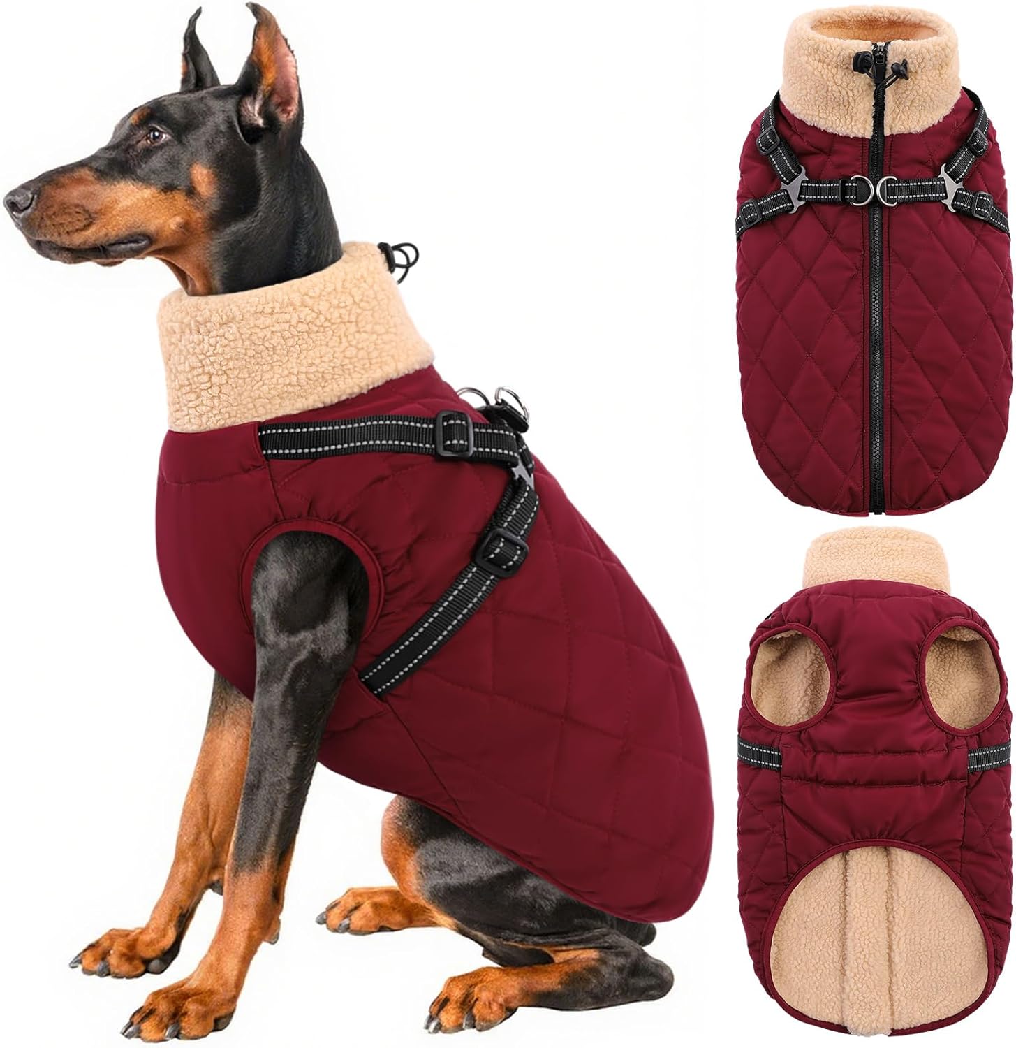 Queenmore Dog Coat, Dog Coats for Small Dogs, Doggy Winter Jacket with Zipper On Back, Waterproof Pet Jacket with Harness Built in, Pet Puffer Coat for Bichon, Schnauzer, Yorkie, Burgundy S