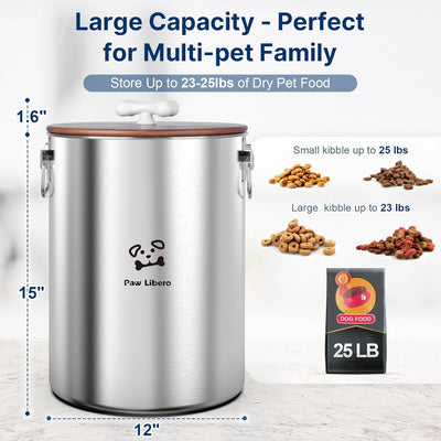 25 Lbs Stainless Steel Dog Food Storage Container with Airtight Wooden Lid & Ceramic Bone Handle, Large Metal Dog Food Bin for Dogs & Cats, Keep Fresh, Easy to Clean