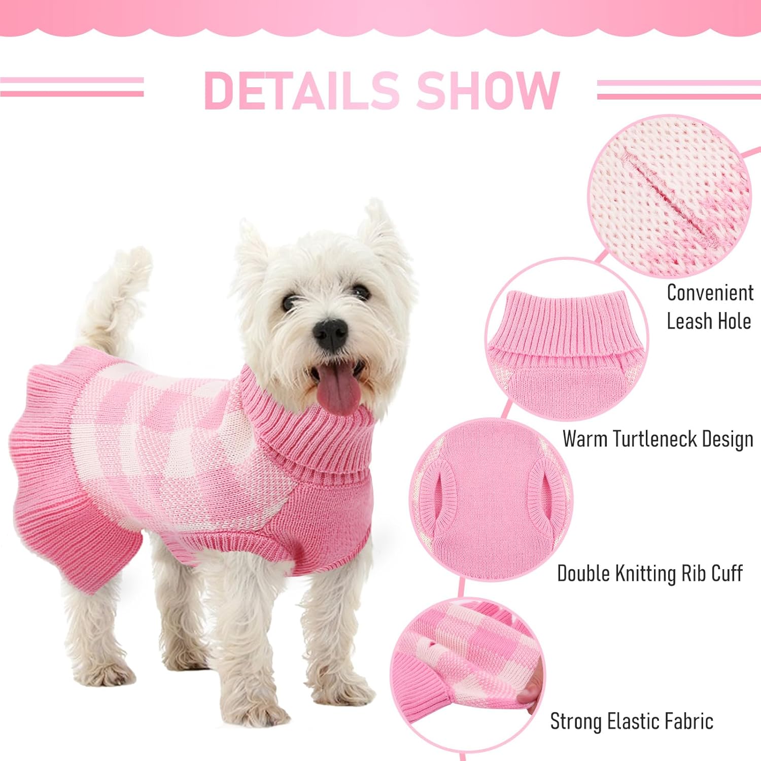 Dog Sweater Dress Plaid Knitwear for Small Medium Dogs Warm Puppy Pet Turtleneck Stretch Pullover Cute Fall Winter Vest Clothes with Leash Hole for Christmas (Pink, M)