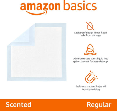 Amazon Basics Absorbent Puppy Pads for Potty Training and Incontinence, 5-Layer Leak-Proof Design, Quick-Dry Surface, Regular Size, 22 x 22 Inch, Scented, Pack of 100, Blue & White
