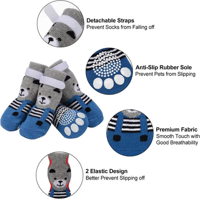 PETLOFT Anti-Slip Dog Socks, 4pcs Indoor Non-Skid Dog Socks with Adjustable Detachable Fastener Strap for Small Medium Dogs Cats Puppies Older Pets (Grey Paw, XS)