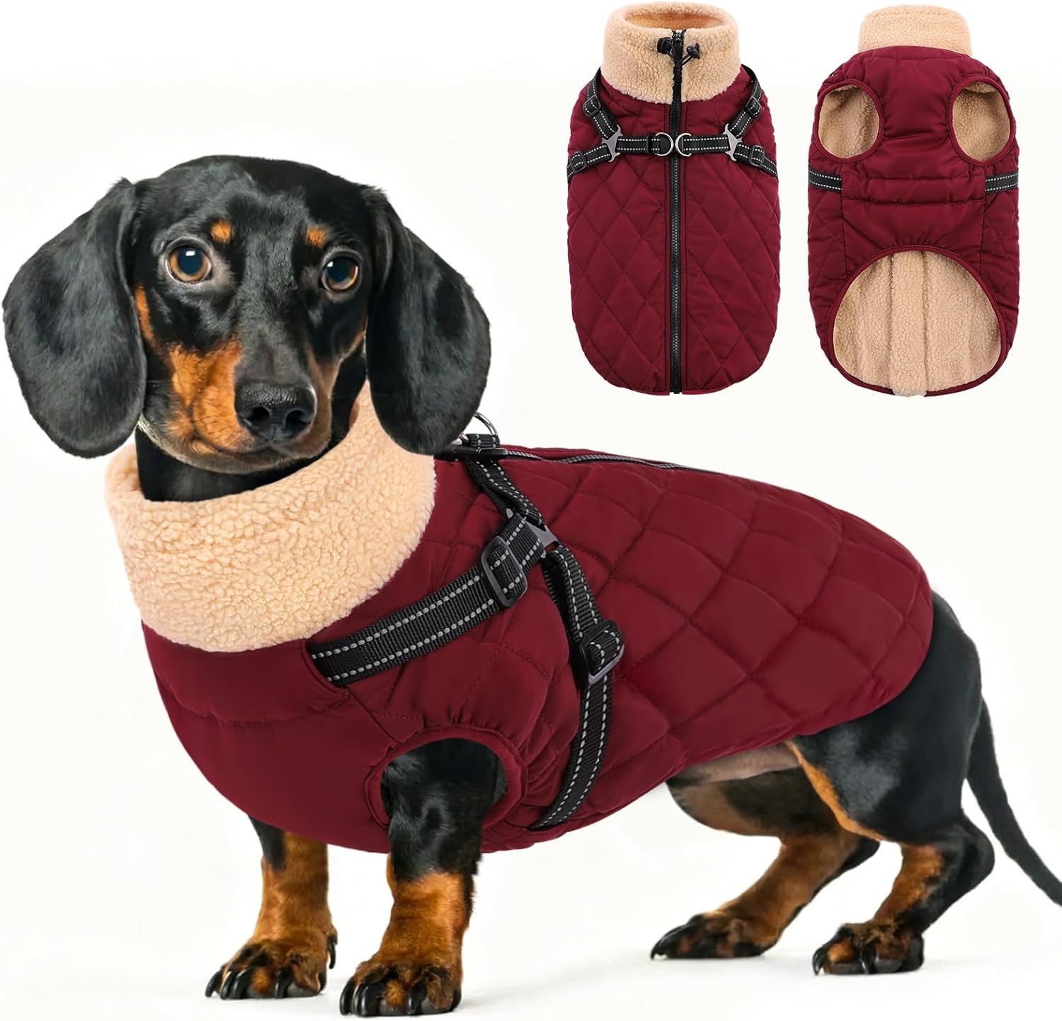 Queenmore Dog Coat, Dog Coats for Small Dogs, Doggy Winter Jacket with Zipper On Back, Waterproof Pet Jacket with Harness Built in, Pet Puffer Coat for Bichon, Schnauzer, Yorkie, Burgundy S
