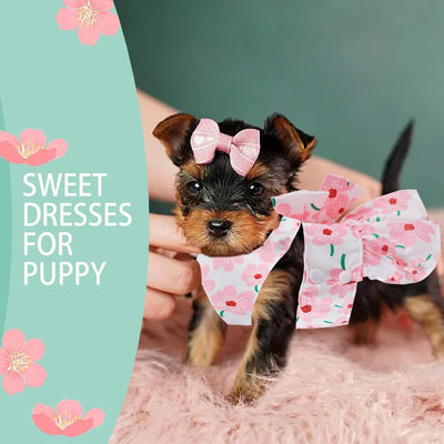 Dog Dress Bowknot Harness Leash Set for Small Girl Dogs Pink Floral Dog Cat Clothes Cute Puppy Outfits Pet Clothes Spring Summer Breathable Dresses(Samll)