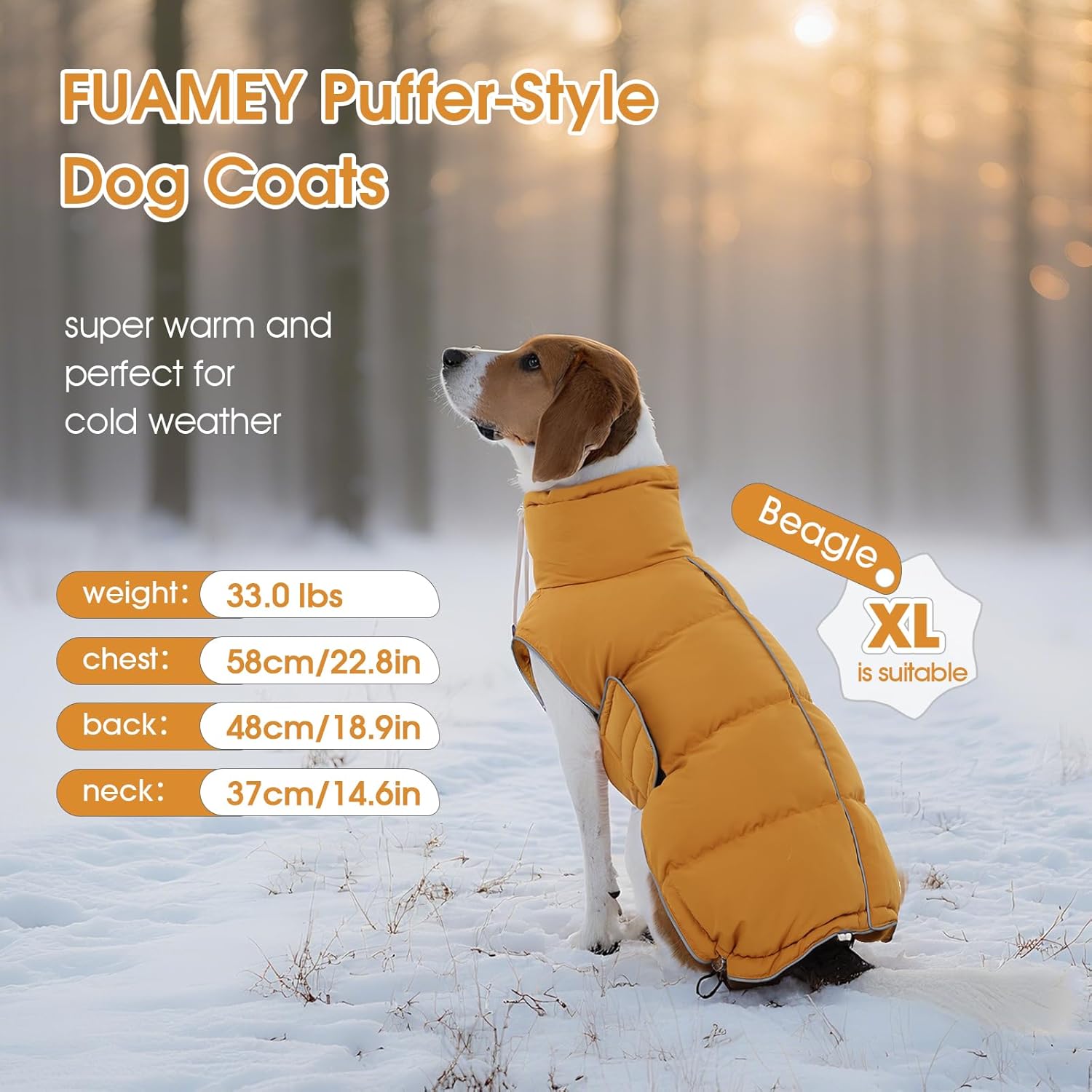 FUAMEY Dog Puffer Jacket for Large Dogs,Dog Cold Weather Coats Winter Dogs Down Jackets Waterproof Pet Snowsuits Warm Puppy Winter Vest Turtleneck Pets Adjustable Jackets Coats Mustard Yellow XXL