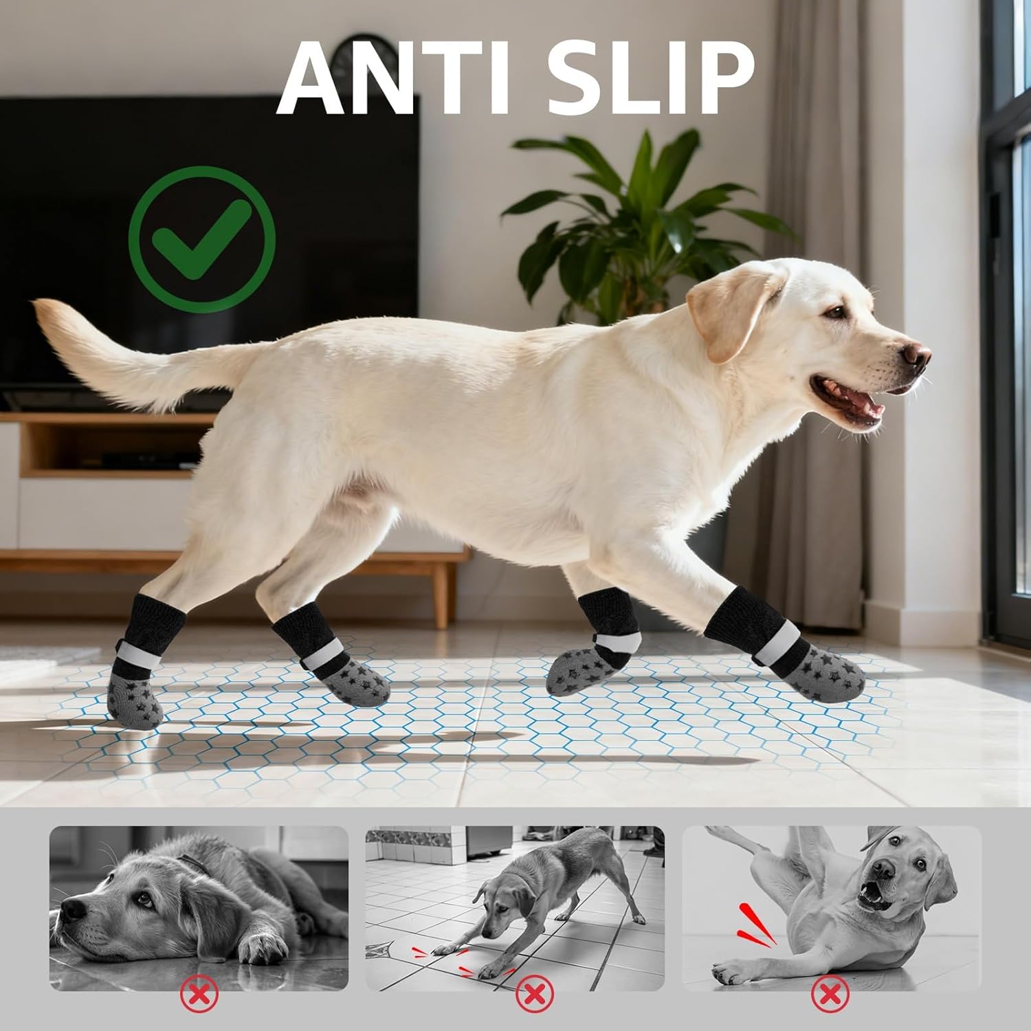 BEAUTYZOO Anti Slip Dog Socks to Prevent Licking Paws, Dog Shoes for Cold Pavement, Grip Socks for Dogs on Hardwood Floors, Dog Booties Alternative, Reflective&Washable Paw Protection for Senior Dogs