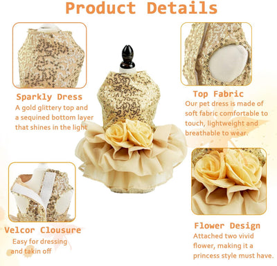 Bling Dog Dress Tutu Skirt Flower Dog Pet Cat Luxury Princess Wedding Dress Summer Dog Chihuahua Clothes (Gold, XL(Pet 11-15Lbs))