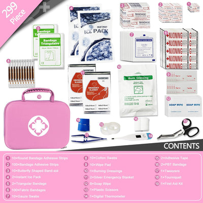 Home-Car First-Aid Emergency-Kit Camping-Essentials - 299Pcs Car Survival Set First Aid Handheld Bag Multiple Purpose Pink Case Outdoor Backpacking Gear for Disaster Preparedness AMORNING