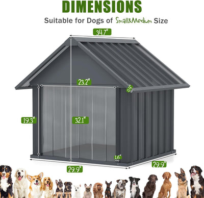 Upgraded Dog House Outdoor with Door Curtain, 36" Weatherproof Puppy Shelter for Medium Large Dogs, Anti-Chewing Iron Frame, Sturdy and Long-Lasting Dog Tent