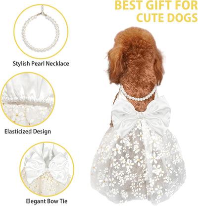 Dog Dresses, Dog Dresses for Small Dog, Summer Puppy Clothes with Pearl Necklace, Dog Party Skirt with Bow Tie, Pet Slik Costume, White S
