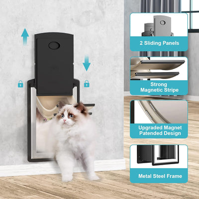 ClawJaw Puerta de gato para pared exterior, marco de metal y túnel telescópico para mascotas, doble solapa magnética puerta para gato y puerta para perro, fácil de instalar, negro (mascotas de hasta