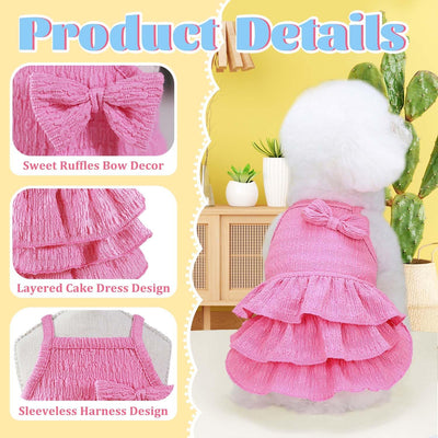 2 Pieces Dog Dress for Small Dogs Girl,Puppy Sleeveless Clothes Pet Pullover Vest Skirt,Cute Bow Tiered Cake Dress Pet Dog Shirt Breathable Outfits for Small Dogs Puppy Cats Girl Apparel