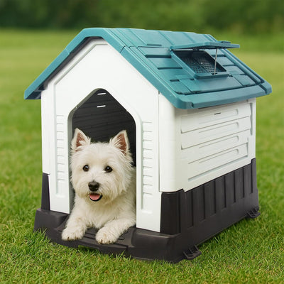 Dog House Indoor Outdoor Durable Waterproof Pet Plastic Dog House for Medium Large Dogs Insulated Puppy Shelter Kennel Crate with Air Vents and Elevated Floor (Blue, 28.6"x23.7"x26.5")