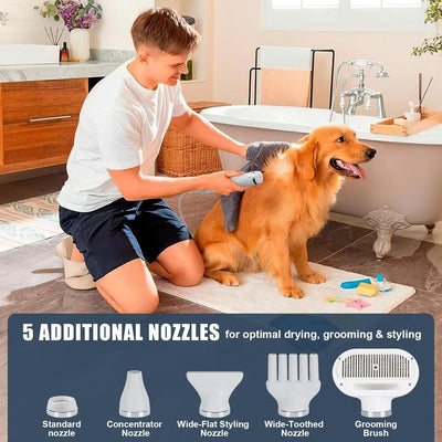 Ownpets 5 in1 Portable Smart Pet Grooming Hair Dryer for Dogs, Smart Temperature Control, Low Noise Dog Blow Dryer with Grooming Brush for Home, Pet Washing Station