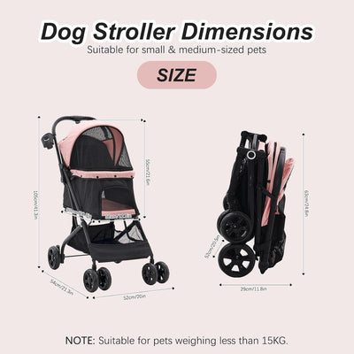 Dog Stroller,4 Wheels Easy-Fold Pet Cat Stroller for 10-36 lbs Small/Medium Dogs and Cats with Storage Basket & Cup Holder, Breathable Mesh,All-Season-Pink