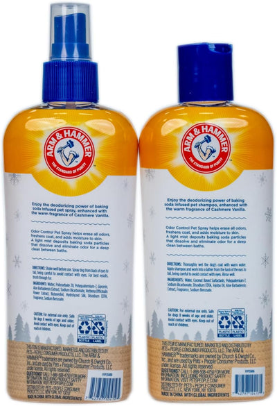 Arm & Hammer Odor Control Pet Deodorizing Set, Holiday Edition: Includes Dog Shampoo, 8FL OZ + Bath Spray, 8FL OZ, Cashmere Vanilla Scent
