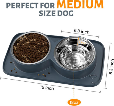 Dog Food Bowl with Mat Double No Spill No Mess Stainless Steel Dog Bowls Easy to Clean Non-Skid Design, Perfect for Medium Breeds, Blue