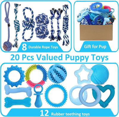 Beiker 20 Pack Puppy Chew Toys - Blue Dog Teething Toys for Puppies, Puppy Teething Rings and Durable Ropes, Blue Rubber Toy Bundle for Small Dogs, Cute Interactive Dog Balls for Small Breed