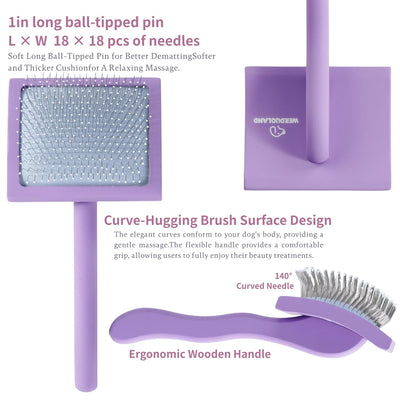 Ergonomic Slicker Brush for Long-Haired Dogs——Wooden Handle, Long Pins with Coated Tips for Grooming Goldendoodles Poodles Purple