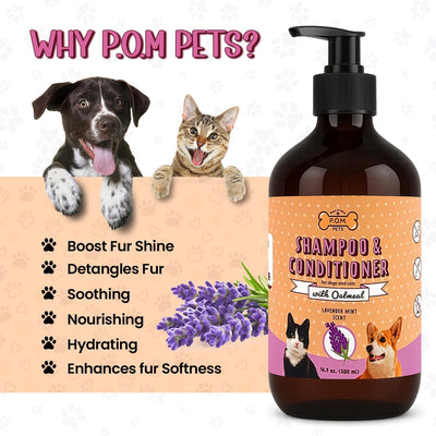 POM Pets 2-in-1 Organic Dog Shampoo & Conditioner – Itchy Skin Relief, Dog Deshedding, Detangles Fur, Cat Shampoo, Paw Cleaner for Dogs, Natural Coat Defense Formula
