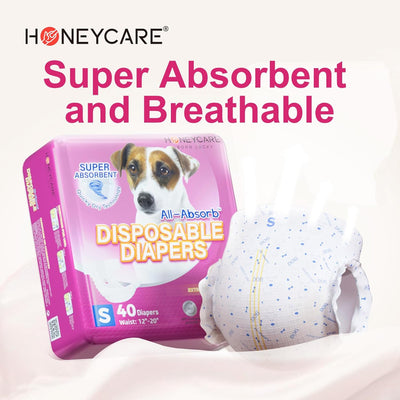 HONEY CARE All-Absorb Disposable Female Dog Diapers Small Size, Improved, 40 Count, Super Absorbent, Breathable, Wetness Indicator (Pack of 1, 40 Count Total)
