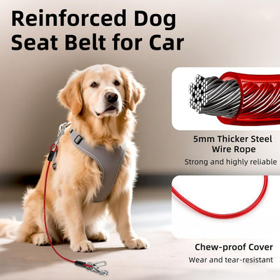 Dog Seat Belt for Car, 32" Chew-Proof Coated Wire Dog Car Leash Seat Belt, Dog Leash with Buckles and Latch, Safety Harness for Small, Medium, Large Dog or Cat, Travel, Red + Blue, 2 Pack