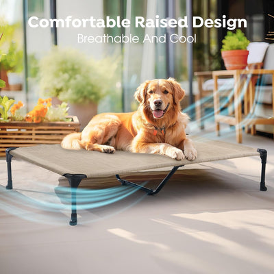 Veehoo Outdoor Elevated Dog Cot Bed, Cooling Raised Pet Bed for X-Large Dog, Washable Breathable Mesh Hammock Bed with No-Slip Feet, Indestructible Ground Off Training Platform Cot-49"x33"Beige Coffee