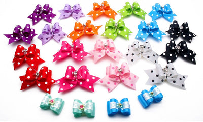 YOY 24 pcs/12 Pairs Adorable Grosgrain Ribbon Pet Dog Hair Bows with Elastic Rubber Bands - Doggy Kitty Topknot Grooming Accessories Set for Long Hair Puppy Cat