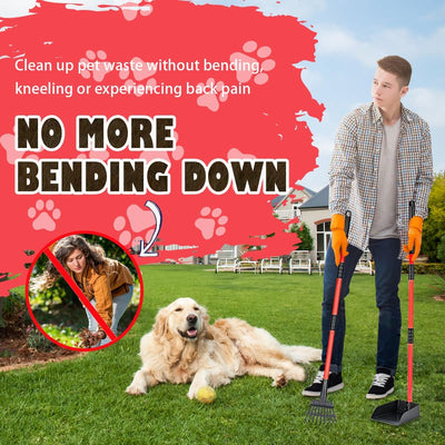MXF Pooper Scooper, Dog Pooper Scooper Long Handle Stainless Metal Tray and Rake Set for Medium Small Dogs Heavy Duty - Use on Grass, Dirt or Gravel - Red
