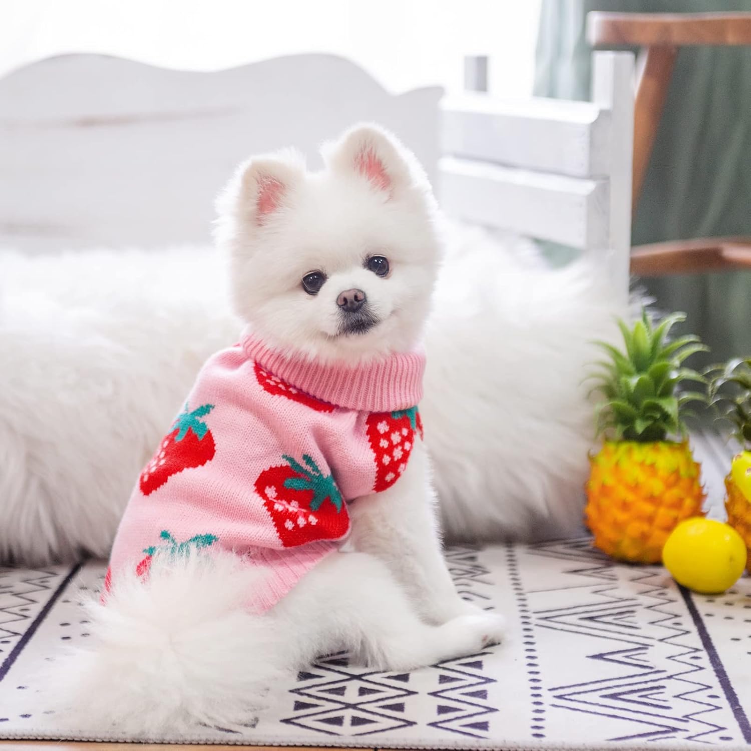 Dog Sweaters for Small Dogs - Cute Girl Dog Clothes Knitwear Warm Puppy Winter Sweater, Pink Strawberry