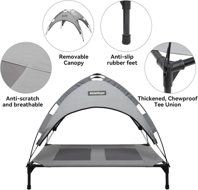 Elevated Pet Cot with Removable Canopy Shade, Raised Dog Bed with Cooling Mesh for Indoor Outdoor Use, UV Protection & Ventilated Mesh, Supports 130 lbs, Gray