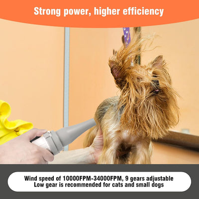 Dog Dryer, pet Grooming Dryer, high Wind Speed 55MPH-190MPH, 9 Adjustable Wind Speed and Temperature Settings, Fast Drying, 3 Different nozzles, Suitable for All Kinds of Pets