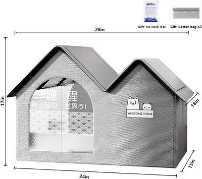 Pet Cooling House, Foldable Cat and Dog House for Outdoor Indoor with Air Conditioning 10 Ice Packs, Durable Indoor Outdoor Dog Houses Ventilate & Easy Clean and Assemble (28''L*18''W*17''H, Gray)