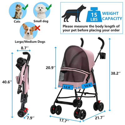 Pet Stroller for Small Dogs and Cats,CYUmail 4 Wheels Foldable Dog Stroller,Puppy Carrier for Small Dogs 0-15 lbs w/Cup Holder,Breathable Visible Mesh,Pink