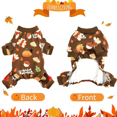 Dog Thanksgiving Pajamas, Turkey Pumpkin Pjs Pet Outfit Clothes Costume, Fall Winter for Small Dogs Boy Girl, Cat Apparel, Brown, XXS